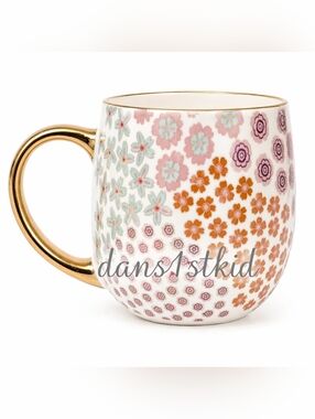 Thyme & Table Floral Coffee Mug Gold Handle Boho Pink Ceramic Tea Cup Cute